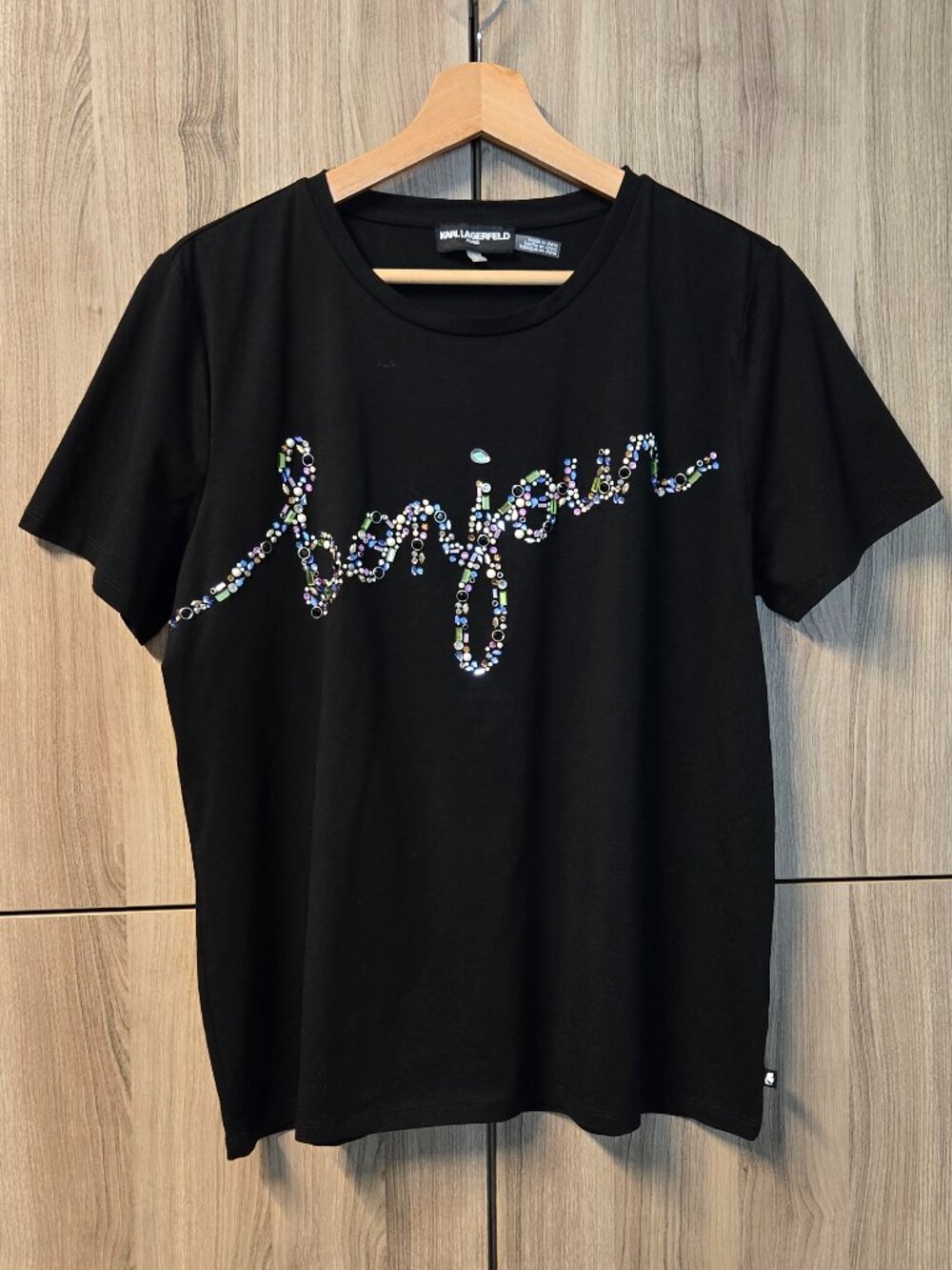 Karl Lagerfeld Beaded Bonjour Shirt Womens Flashy Multi Color Rhinestone L